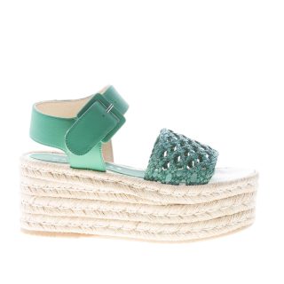 PALOMITAS donna sandalo in pelle VERDE con fascia perforata. Zeppa in corda 7,5 cm