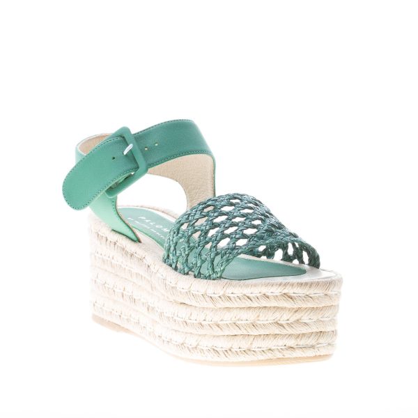 PALOMITAS donna sandalo in pelle VERDE con fascia perforata. Zeppa in corda 7,5 cm - immagine 2