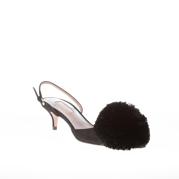 AQUAZZURA donna slingback Powder Puff in camoscio NERO con maxi pompon. Tacco 4,5 cm - immagine 2