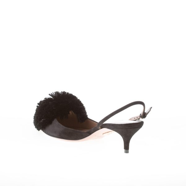 AQUAZZURA donna slingback Powder Puff in camoscio NERO con maxi pompon. Tacco 4,5 cm - immagine 4