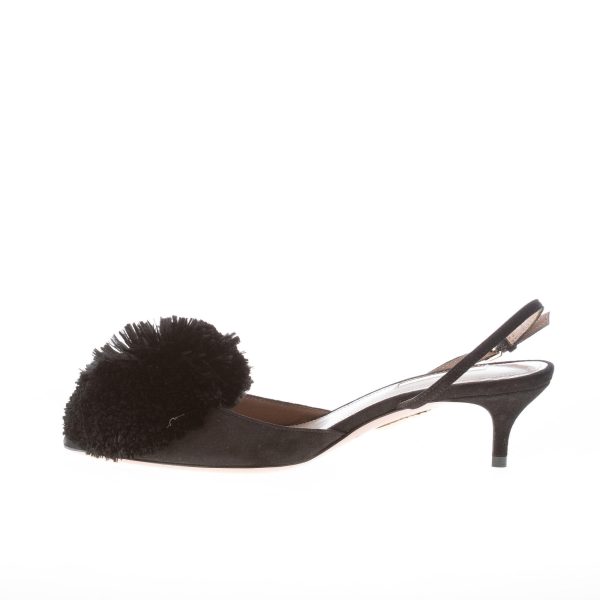AQUAZZURA donna slingback Powder Puff in camoscio NERO con maxi pompon. Tacco 4,5 cm - immagine 5