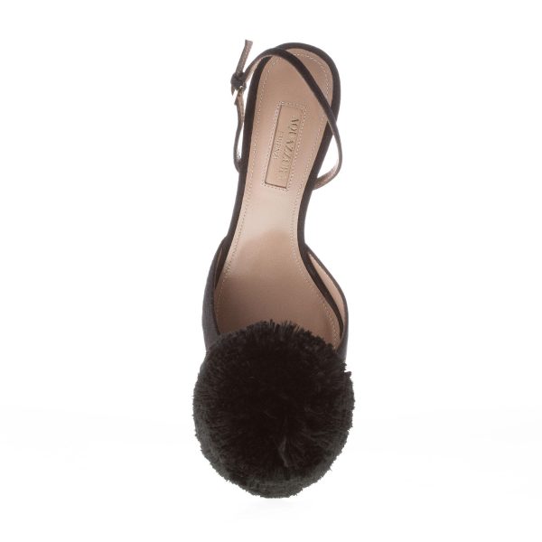 AQUAZZURA donna slingback Powder Puff in camoscio NERO con maxi pompon. Tacco 4,5 cm - immagine 7