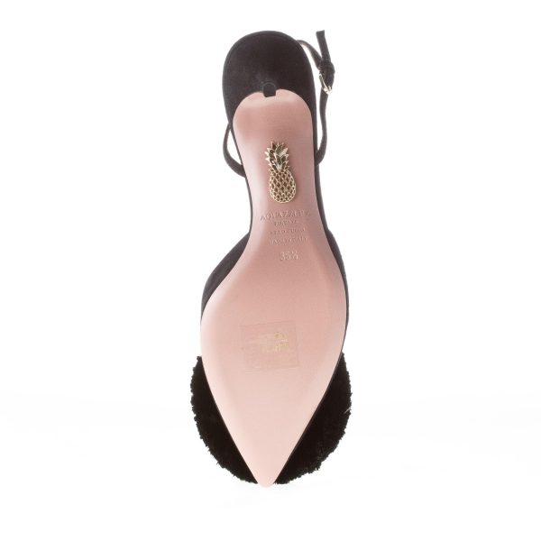 AQUAZZURA donna slingback Powder Puff in camoscio NERO con maxi pompon. Tacco 4,5 cm - immagine 8