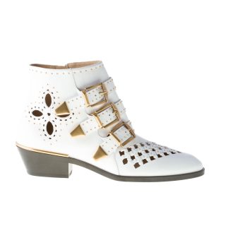 CHLOE' donna stivaletto Susanna in nappa BIANCO con borchie e fibbie oro. Tacco 3 cm