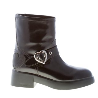 LOVE MOSCHINO stivaletto donna in eco-pelle lucida NERO con fibbia cuore. Tacco 5 cm