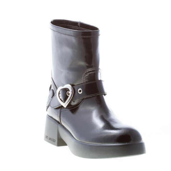 LOVE MOSCHINO stivaletto donna in eco-pelle lucida NERO con fibbia cuore. Tacco 5 cm - immagine 2