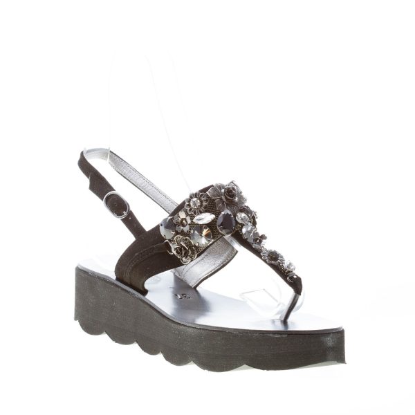 ROBERTO SERPENTINI donna sandalo infradito in camoscio NERO con gioiello. Zeppa 4 cm - immagine 2