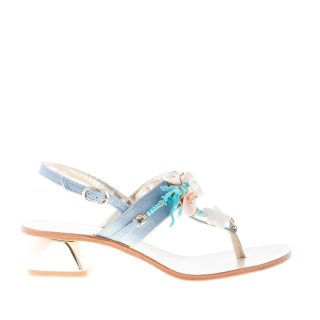 ROBERTO SERPENTINI donna sandalo infradito in nabuk CELESTE con decorazione. Tacco 4 cm