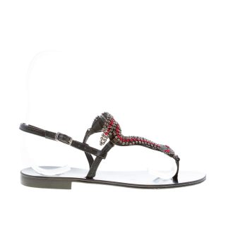 EMANUELA CARUSO donna sandalo basso infradito in pelle NERO con gioiello snake rosso. Tacco 1 cm