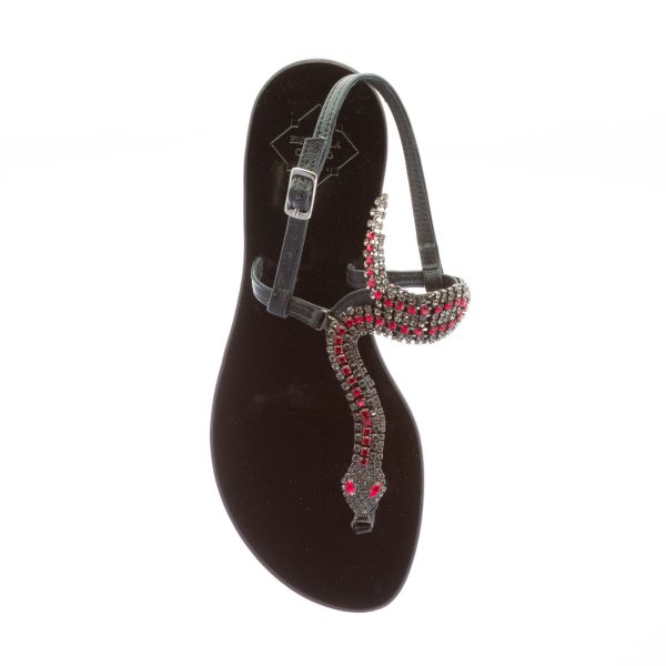 EMANUELA CARUSO donna sandalo basso infradito in pelle NERO con gioiello snake rosso. Tacco 1 cm - immagine 7