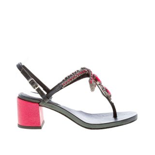 EMANUELA CARUSO donna sandalo infradito in pelle NERO con snake e pietre rosso. Tacco 5 cm