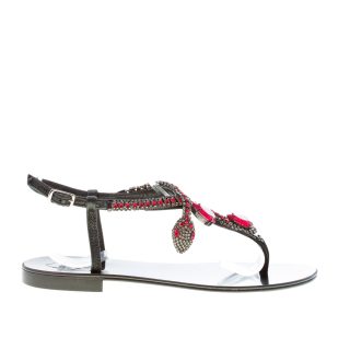 EMANUELA CARUSO donna sandalo basso infradito in pelle NERO con snake e pietre rosso. Tacco 1 cm