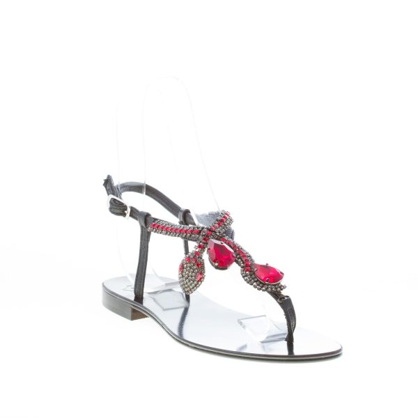 EMANUELA CARUSO donna sandalo basso infradito in pelle NERO con snake e pietre rosso. Tacco 1 cm - immagine 2