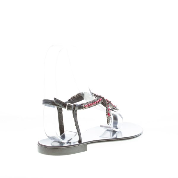 EMANUELA CARUSO donna sandalo basso infradito in pelle NERO con snake e pietre rosso. Tacco 1 cm - immagine 3