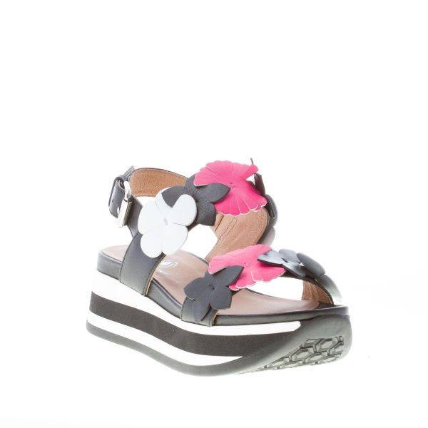 JANET SPORT donna sandalo in pelle NERO con applicazione di fiori colorati. Zeppa 5,5 cm - immagine 2