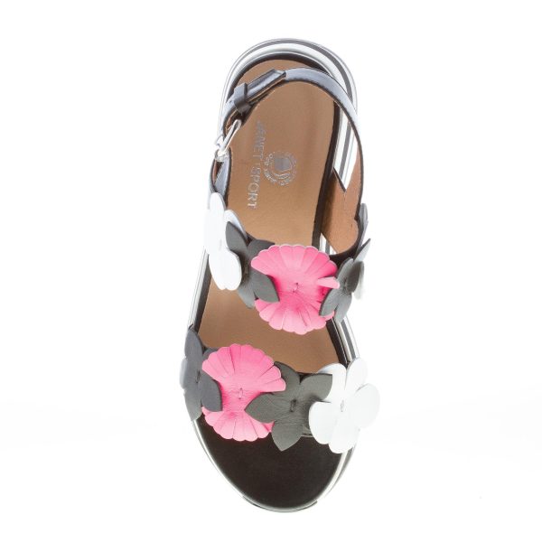 JANET SPORT donna sandalo in pelle NERO con applicazione di fiori colorati. Zeppa 5,5 cm - immagine 7