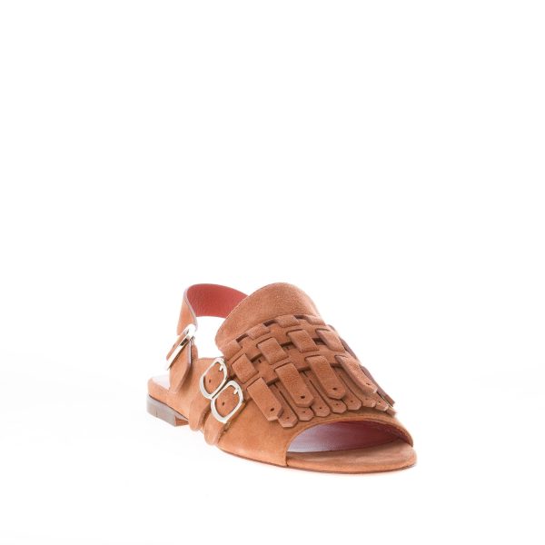 SANTONI donna sandalo basso in camoscio MARRONE con maxi frangia e fibbie. Tacco 1,5 cm - immagine 2