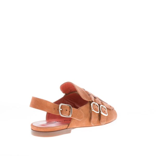 SANTONI donna sandalo basso in camoscio MARRONE con maxi frangia e fibbie. Tacco 1,5 cm - immagine 3