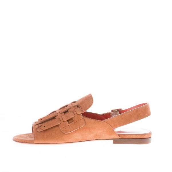 SANTONI donna sandalo basso in camoscio MARRONE con maxi frangia e fibbie. Tacco 1,5 cm - immagine 5