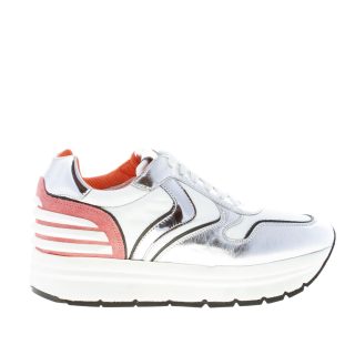 VOILE BLANCHE donna sneaker MAY POWER in pelle ARGENTO e nylon BIANCO con suola rialzata