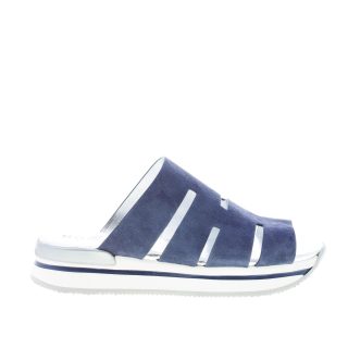 HOGAN donna H257 sandalo ciabatta con fascia in camoscio BLU ed intagli ad H. Zeppa di 3,5 cm