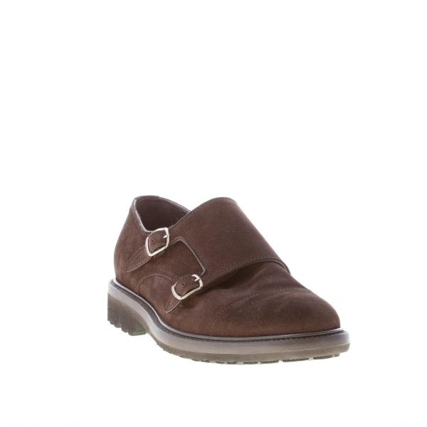 MIGLIORE uomo scarpa con doppia fibbia in camoscio MARRONE. Suola in gomma - immagine 2