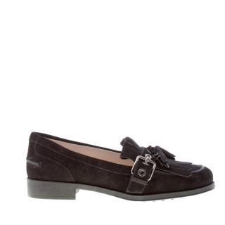 TOD'S donna mocassino in camoscio NERO con fibbia frangia e nappine. Suola gomma