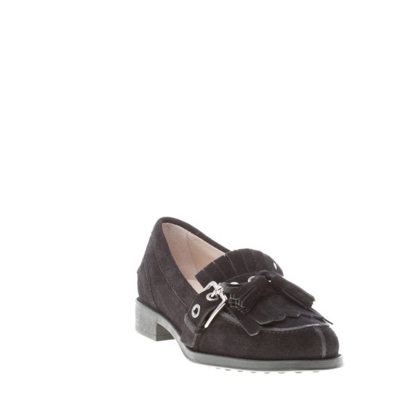 TOD'S donna mocassino in camoscio NERO con fibbia frangia e nappine. Suola gomma - immagine 2