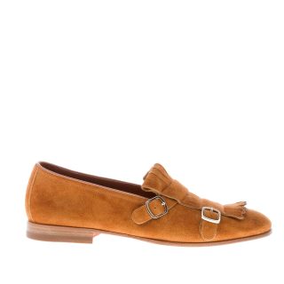 SANTONI donna mocassino in camoscio MARRONE con maxi frangia e fibbie. Tacco 2 cm