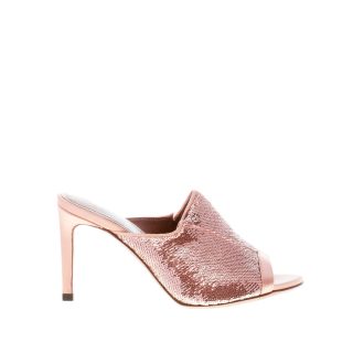 L'AUTRE CHOSE donna sandalo slide in tessuto e raso ROSA con fascia e paillettes. Tacco 8,5 cm