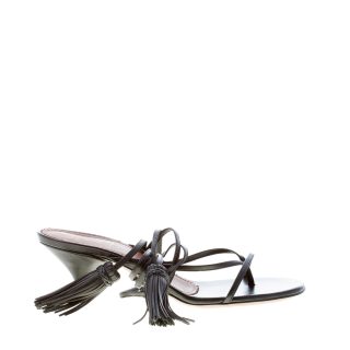 L'AUTRE CHOSE donna sandalo infradito in pelle NERO con laccio alla caviglia e nappe. Tacco 5 cm