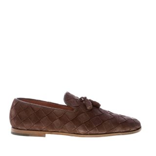 O'KEEFFE uomo pantofola artigianale Mark in camoscio intrecciato MARRONE con nappine