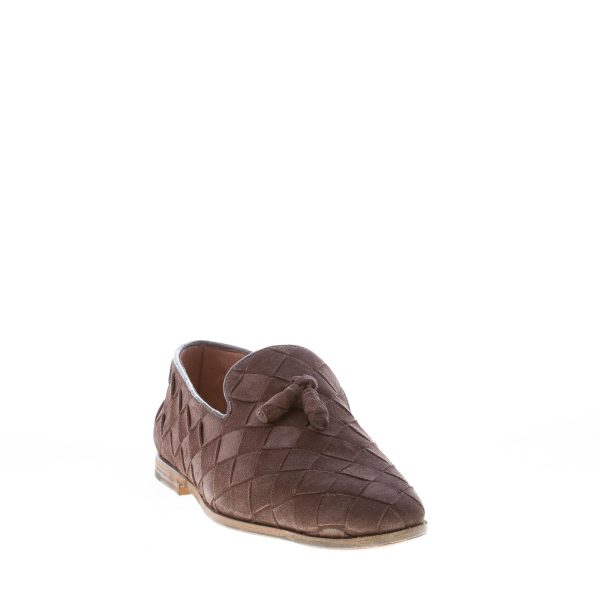 O'KEEFFE uomo pantofola artigianale Mark in camoscio intrecciato MARRONE con nappine - immagine 2