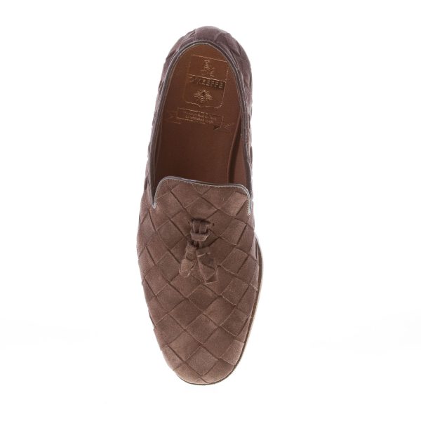 O'KEEFFE uomo pantofola artigianale Mark in camoscio intrecciato MARRONE con nappine - immagine 7
