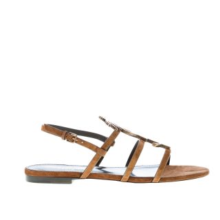SAINT LAURENT donna sandalo flat Cassandra in camoscio MARRONE con YSL logo