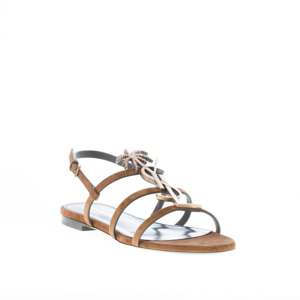 SAINT LAURENT donna sandalo flat Cassandra in camoscio MARRONE con YSL logo - immagine 2