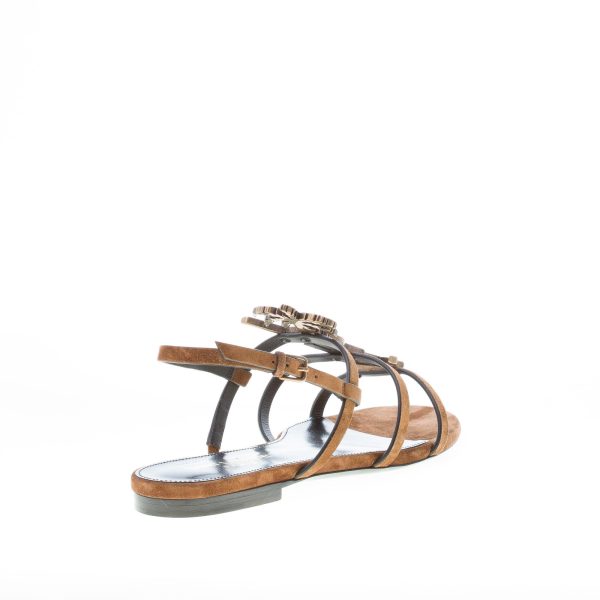 SAINT LAURENT donna sandalo flat Cassandra in camoscio MARRONE con YSL logo - immagine 3
