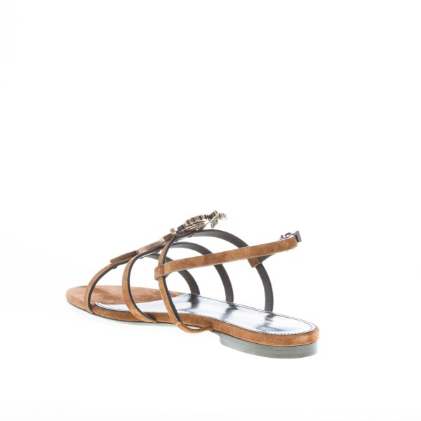 SAINT LAURENT donna sandalo flat Cassandra in camoscio MARRONE con YSL logo - immagine 4