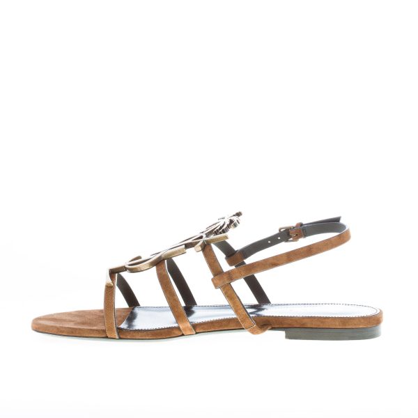 SAINT LAURENT donna sandalo flat Cassandra in camoscio MARRONE con YSL logo - immagine 5