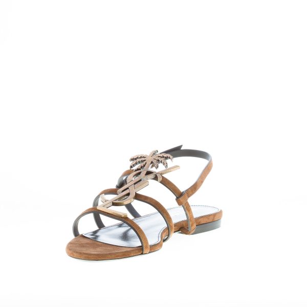SAINT LAURENT donna sandalo flat Cassandra in camoscio MARRONE con YSL logo - immagine 6