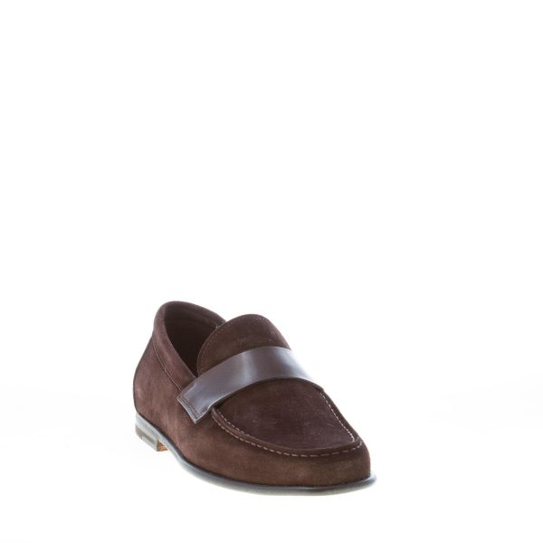 SANTONI uomo mocassino in camoscio MARRONE con mascherina liscia. Suola cuoio - immagine 2
