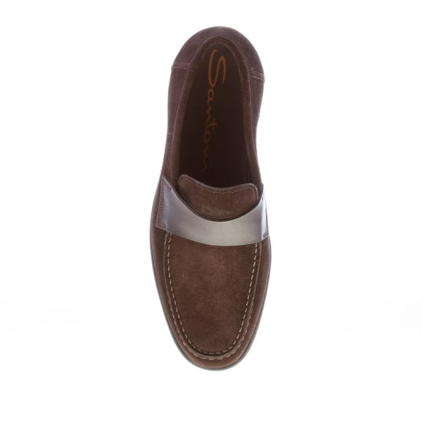 SANTONI uomo mocassino in camoscio MARRONE con mascherina liscia. Suola cuoio - immagine 7