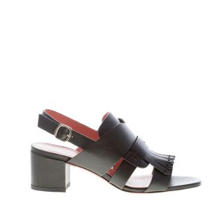 SANTONI donna sandalo in pelle martellata NERO con fascia accollata e frangia. Tacco 5,5 cm