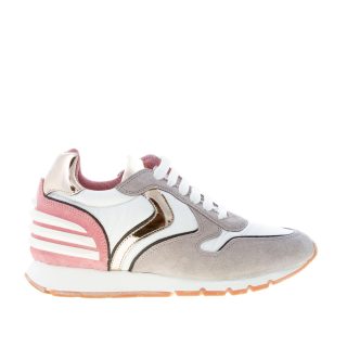 VOILE BLANCHE donna sneaker JULIA SLAM POWER in tessuto BIANCO più camoscio TORTORA e rosa