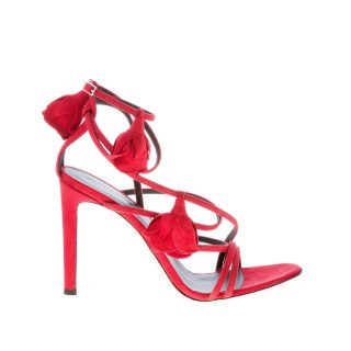 GIUSEPPE ZANOTTI donna sandalo intrecciato Danse du Feu in camoscio ROSSO con rose. Tacco 10,5 cm