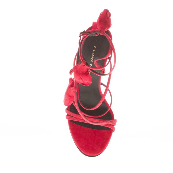 GIUSEPPE ZANOTTI donna sandalo intrecciato Danse du Feu in camoscio ROSSO con rose. Tacco 10,5 cm - immagine 7