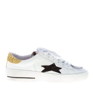 ISHIKAWA donna sneaker BASKET 1860 in pelle BIANCO più glitter nero e oro