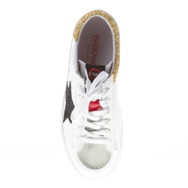 ISHIKAWA donna sneaker BASKET 1860 in pelle BIANCO più glitter nero e oro - immagine 7