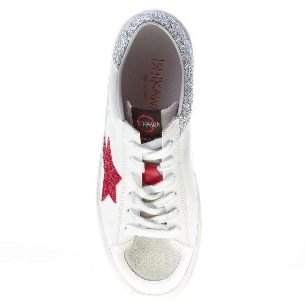 ISHIKAWA donna sneaker BASKET LIM 1859 in pelle BIANCO più glitter rosso e argento - immagine 7