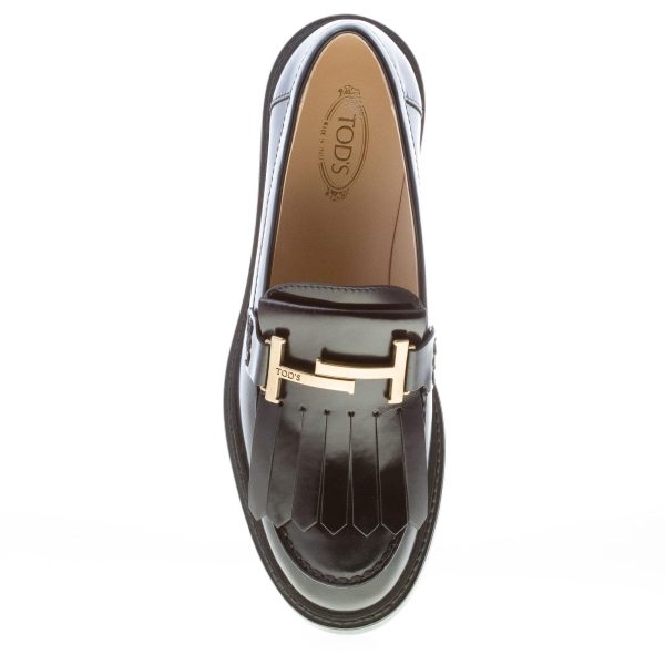TOD'S donna mocassino in pelle spazzolata NERO con maxi frangia e double T. Suola gomma - immagine 7